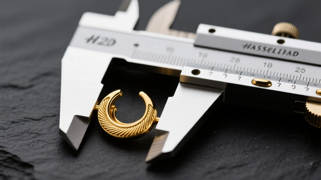 Digital calipers measuring an 18-gauge gold cartilage flatback earring post on a dark slate background, crisp macro photography.