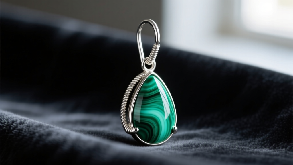 Close-up of a 20-gauge sterling silver french wire hook holding a teardrop malachite stone against a blurred dark velvet fabric