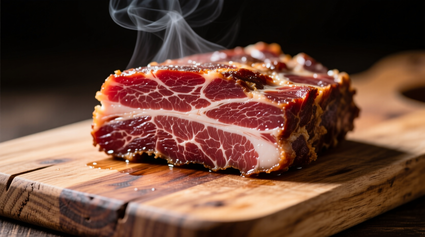 Sliced corned beef showing marbling and texture on wooden cutting board