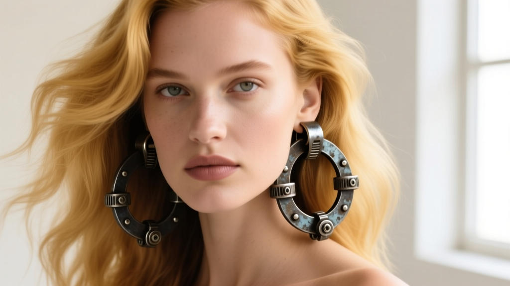 Model with honey blonde hair wearing oxidized steel brutalist hoops featuring visible mechanical tension hardware and dark patina