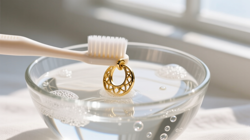 Soft toothbrush gently cleaning a 24k gold stud earring in a glass bowl of soapy water, captured under bright natural light