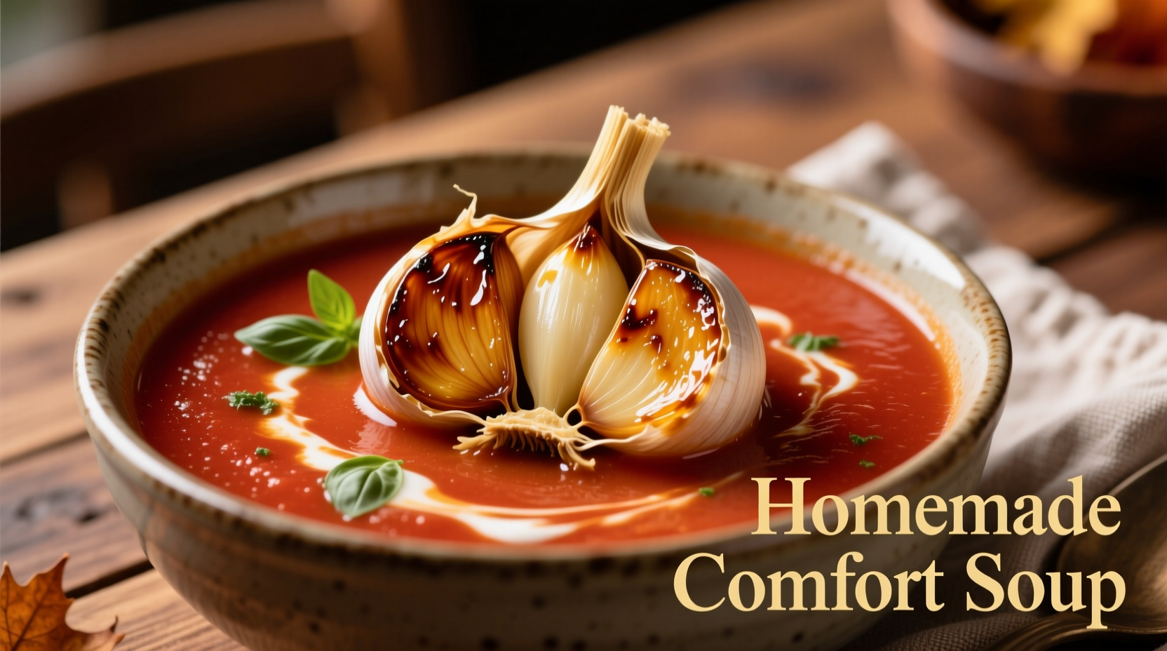 Golden roasted garlic cloves in tomato soup