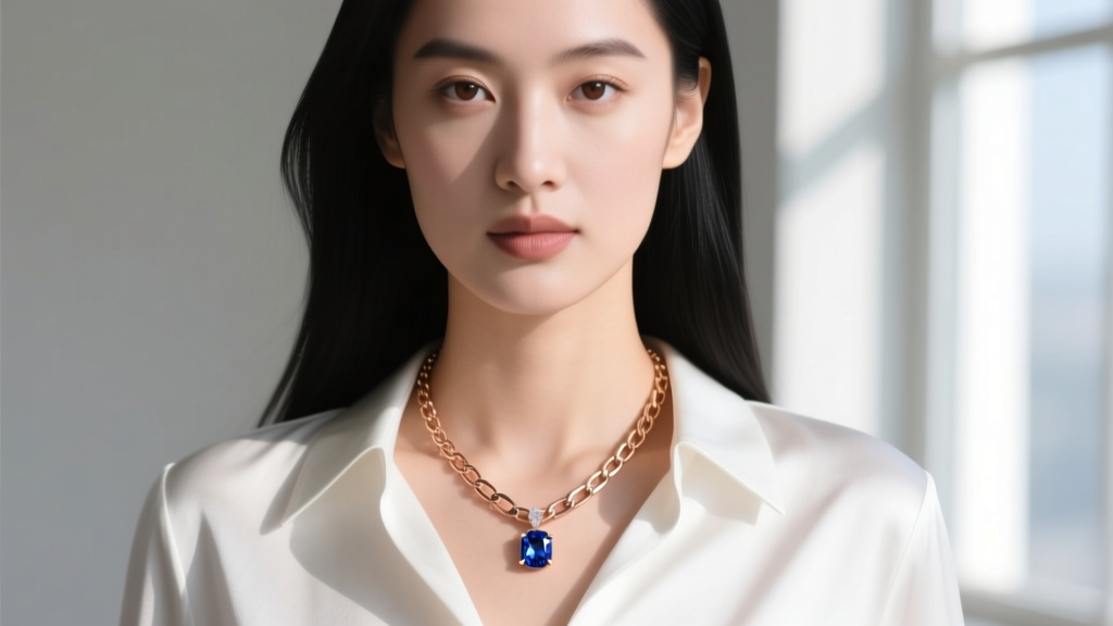 Young woman wearing an 18-inch 14k rose gold box chain necklace with a sapphire birthstone pendant over a crisp white blouse