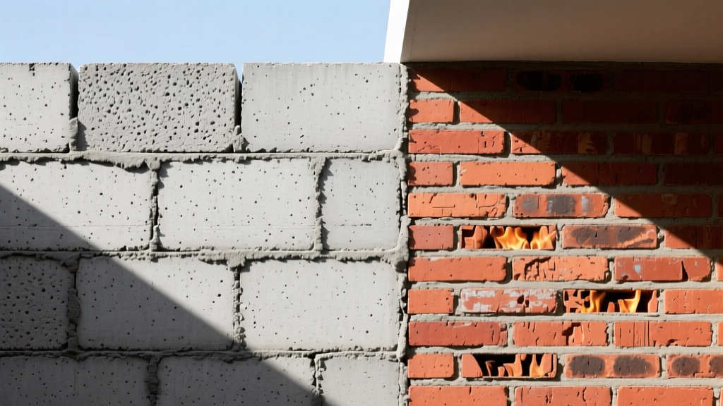 Split masonry wall showing raw gray concrete blocks on the left and warm red fired clay bricks on the right with fresh mortar joints.