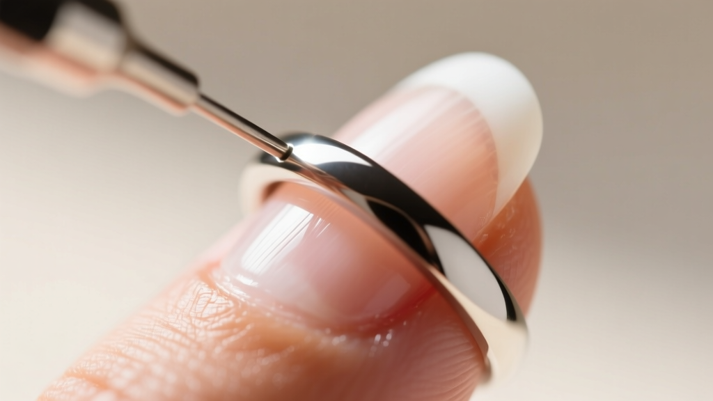 Extreme close-up of a 22-gauge titanium micro seamless ring pierced cleanly through the white free edge of a natural fingernail