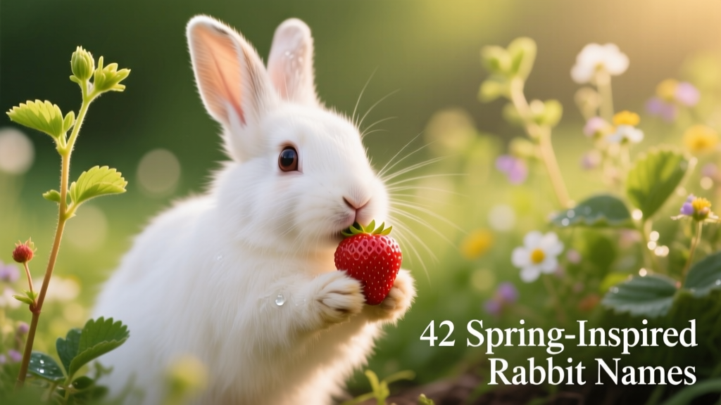 A curious white rabbit nibbling on a fresh strawberry against a backdrop of spring greens