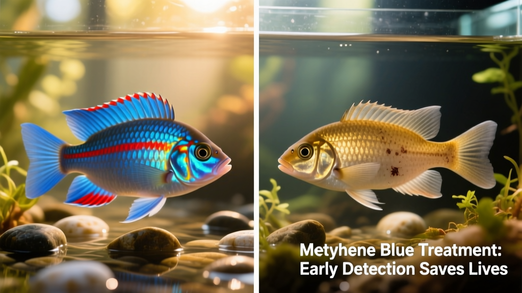 Side-by-side comparison: healthy fish with vibrant color versus fish showing early velvet disease symptoms (dusty gold sheen)