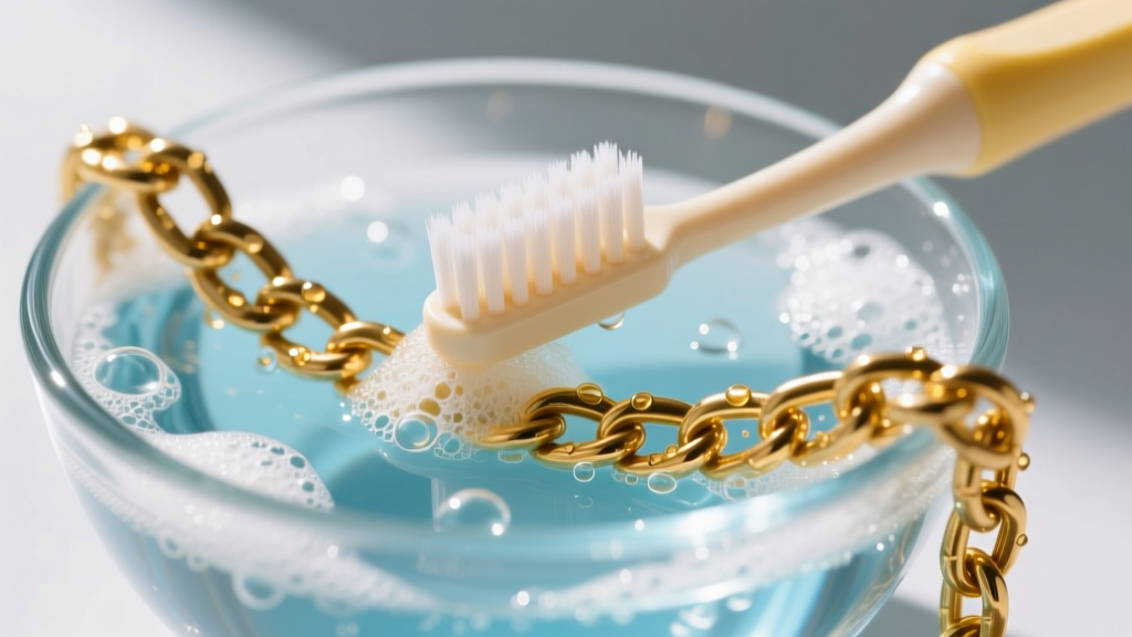 Soft baby toothbrush scrubbing a heavy gold chain submerged in a glass bowl of soapy water, captured in bright macro photography.