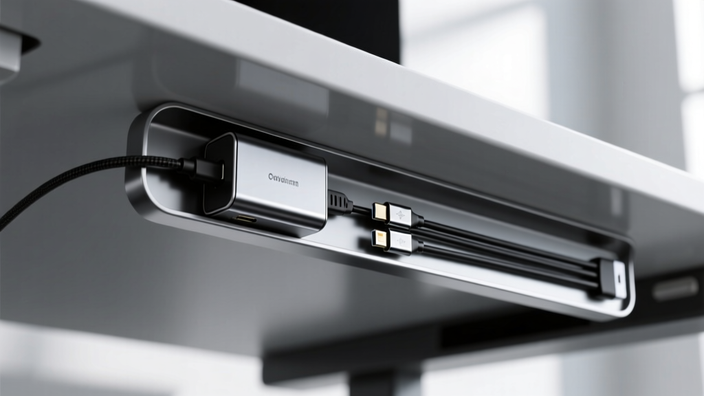 Under-desk view of a magnetic cable tray holding a compact power brick and routed USB-C cables, freeing up valuable floor space.
