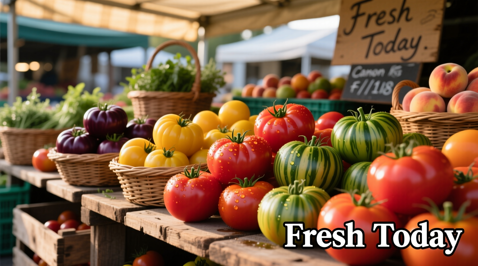 Fresh heirloom tomatoes at a farmers market stand