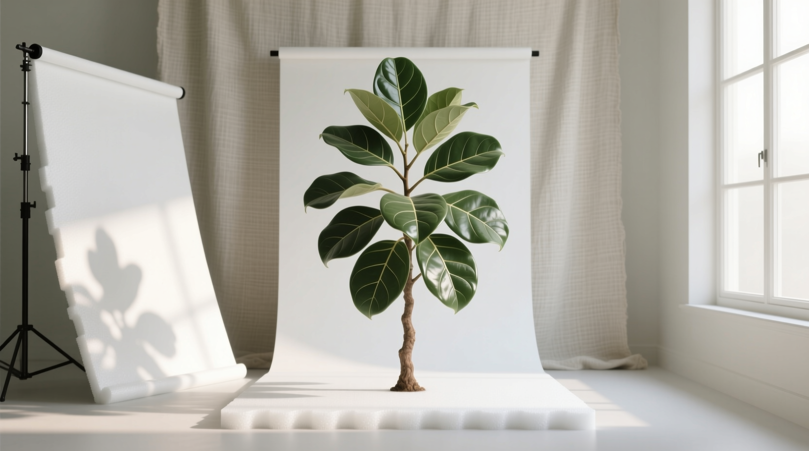 A minimalist plant photography corner: a fiddle-leaf fig centered on a white foam board, positioned two feet from a large north-facing window, with a white reflector board angled gently to the left, soft shadows visible on a neutral linen backdrop