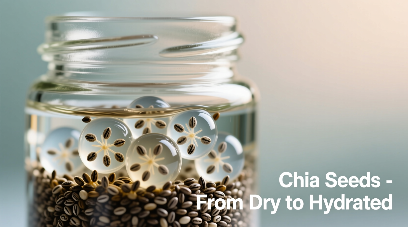 Chia seeds transforming from dry to hydrated state in glass jar