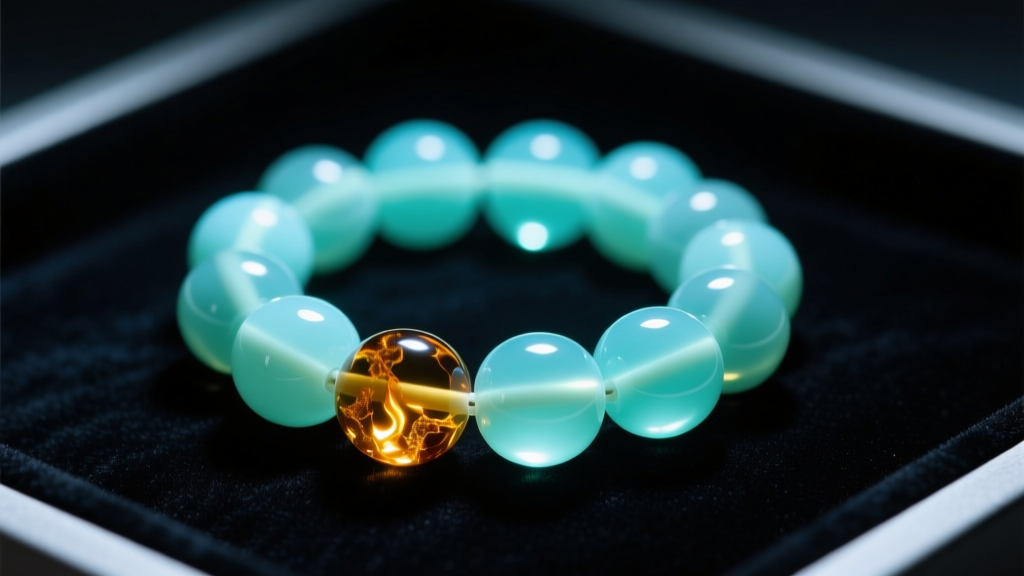 Macro shot of genuine Baltic cherry amber beads glowing pale blue-green under a 365nm UV flashlight in a dark jewelry testing room.