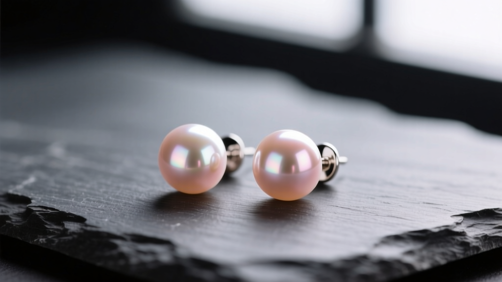 Macro shot of 8mm Akoya pearl stud earrings on dark slate, highlighting sharp luster and rose overtones under soft lighting