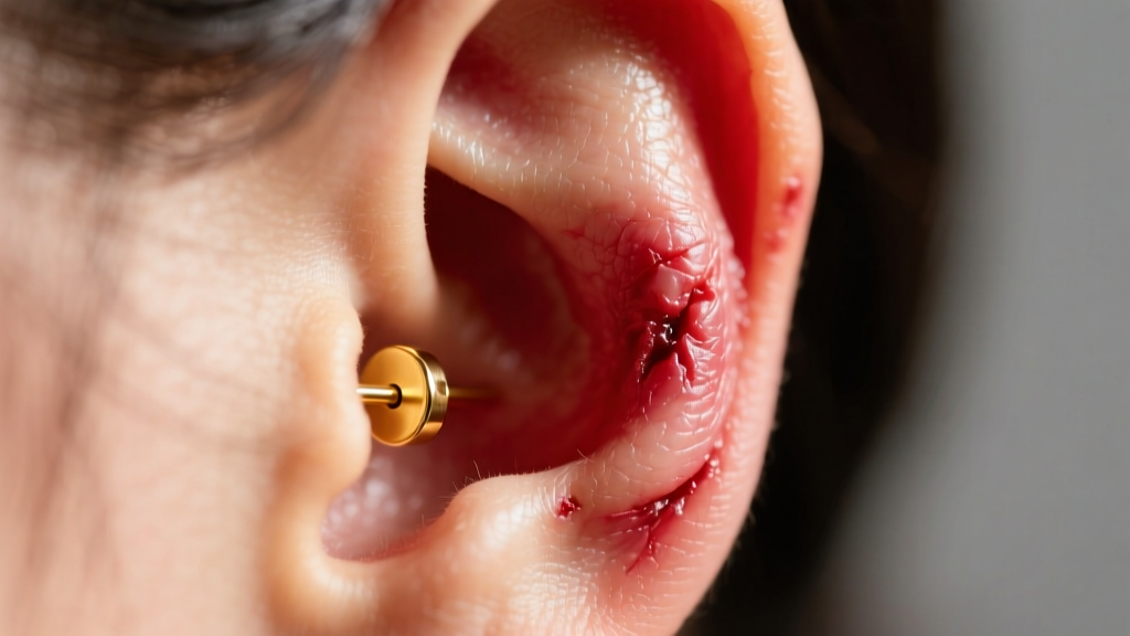 Close-up macro photo of a swollen earlobe with an 18g gold stud earring back slightly sinking into red, irritated healing skin.