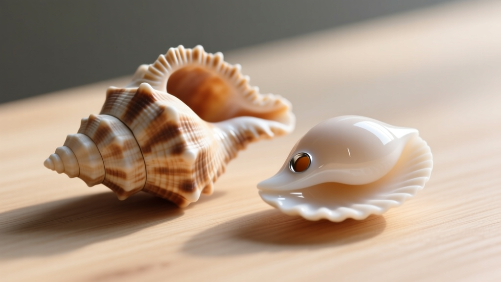 Macro shot comparing a genuine asymmetrical puka shell next to a perfectly uniform machine-drilled fake resin shell on wood
