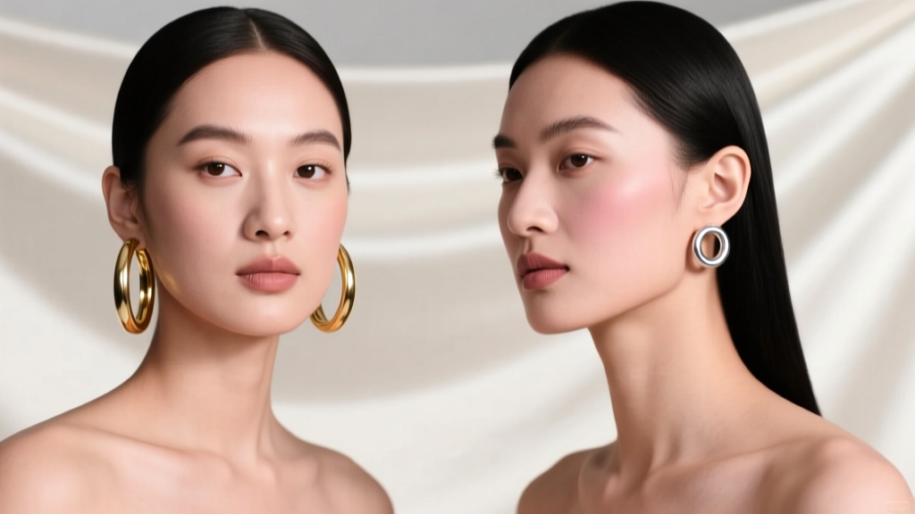 Two models: a round face wearing 40mm elongated hoops, and a square face in 25mm rounded hoops, under soft studio lighting.
