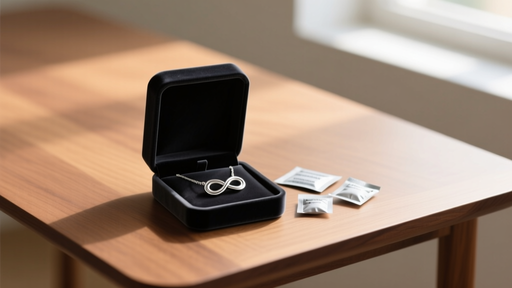 Open velvet box holding a silver infinity knot necklace next to anti-tarnish strips and silica gel packets on a wooden desk.