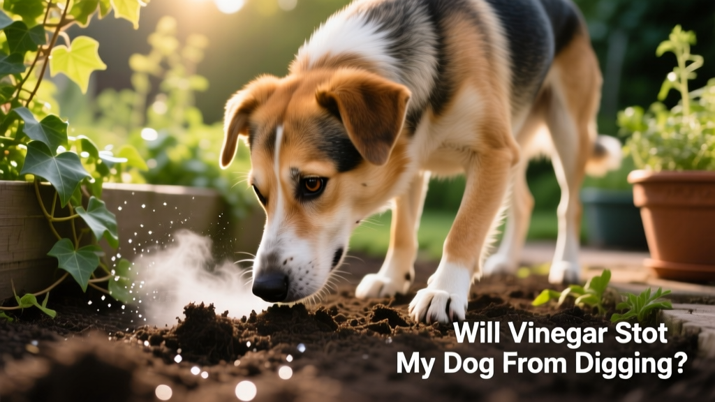 A dog sniffing at a freshly sprayed patch of soil near a garden bed