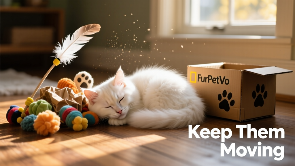 Happy kitten curled up sleeping beside a pile of FurPetVo toys, including a feather wand and cardboard box