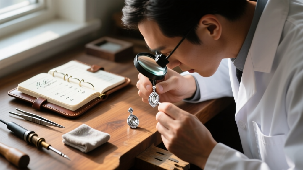 Jeweler using a loupe to inspect channel walls of a silver earring, tools and pricing ledger visible on the wooden workbench