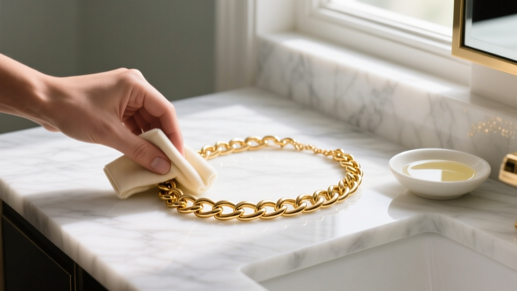 Hands wiping a gold-plated costume chain necklace with a dry microfiber cloth over a white marble vanity next to mild soap