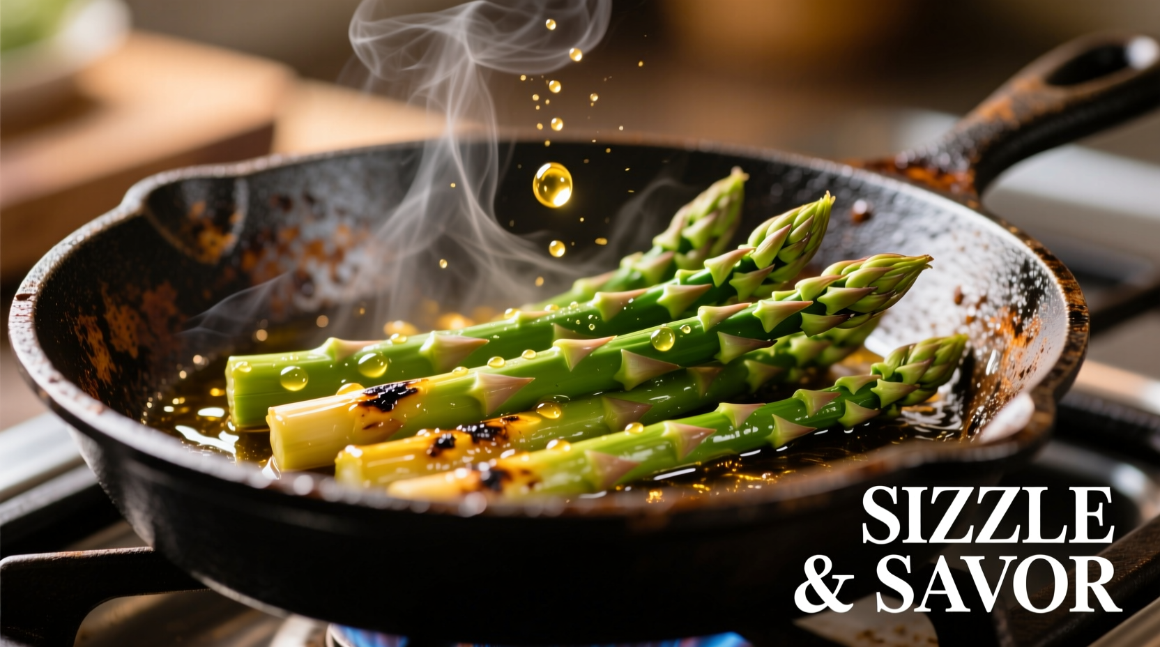 Fresh asparagus sizzling in cast iron skillet