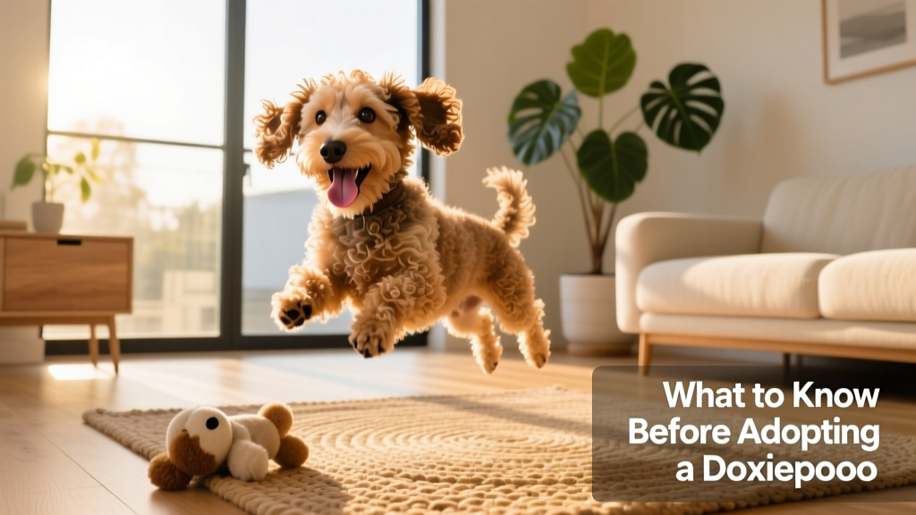 A happy, energetic Doxiepoo playing in a sunlit living room