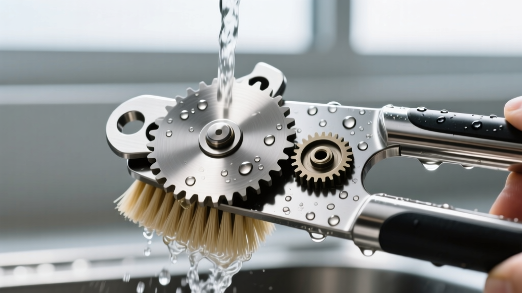 Disassembled manual can opener gears and 420-grade stainless steel cutting wheel being scrubbed with a bristle brush under running water