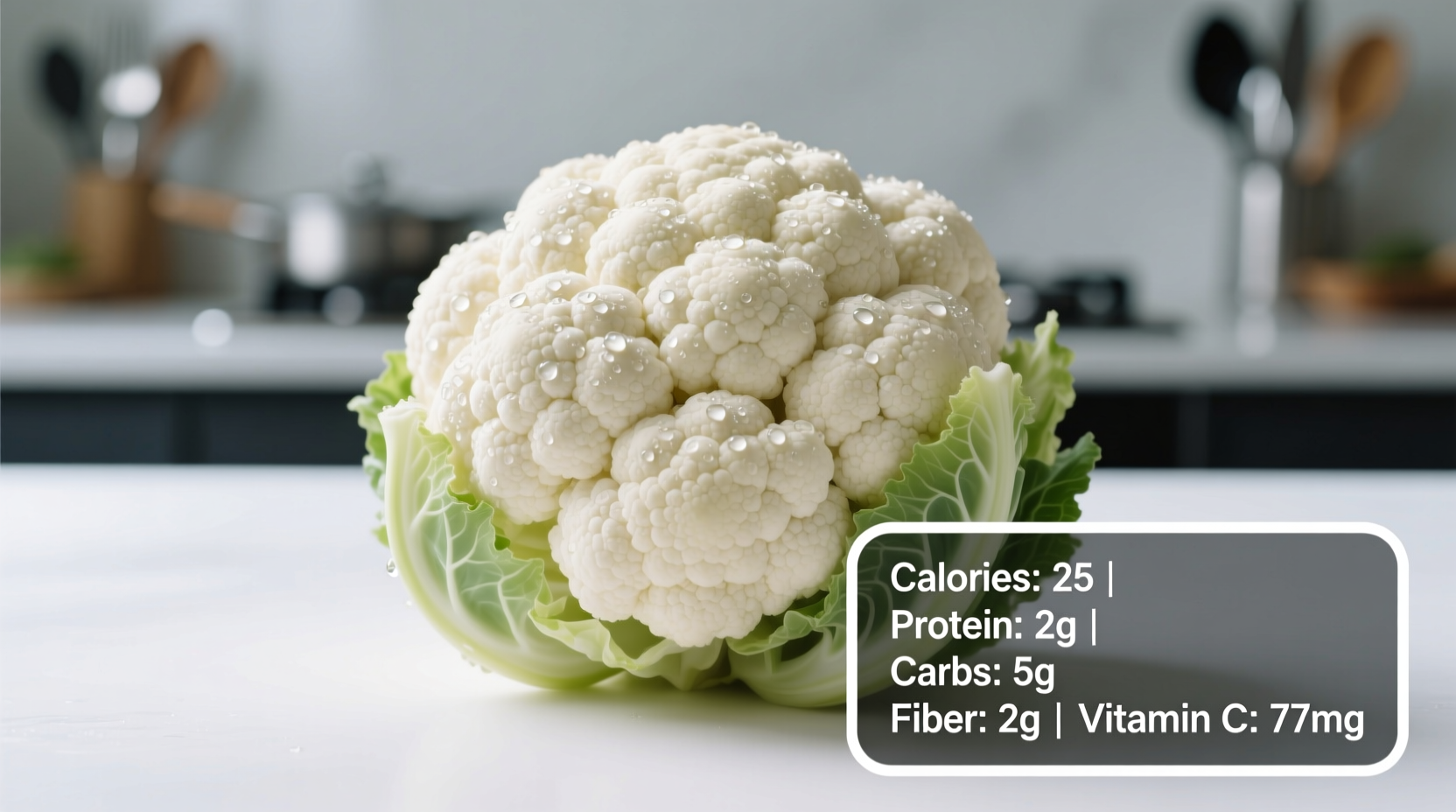 Cauliflower head with nutritional facts overlay