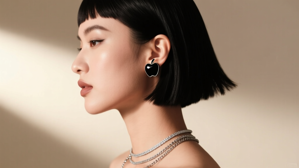 Side profile of a model with a dark gothic bob wearing a minimalist black apple stud earring and a layered silver chain necklace.