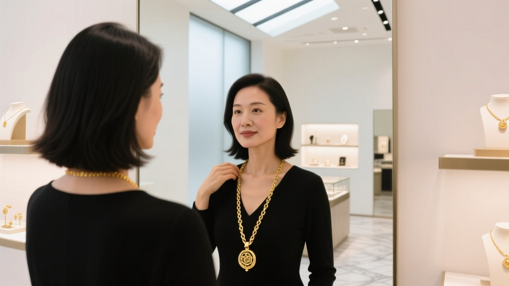 Woman trying on a 20-inch 14k gold pendant necklace in a brightly lit boutique mirror, focusing on the clasp and chain drape.