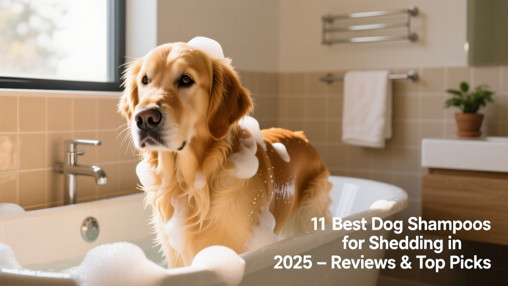 Golden Retriever being gently bathed with a foaming dog shampoo in a sunlit bathroom