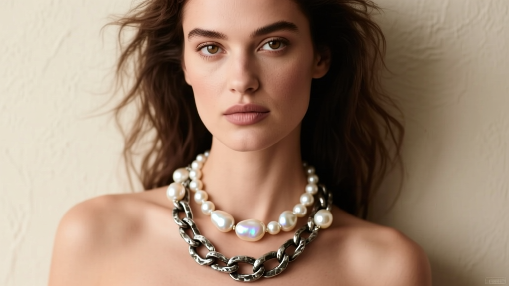 Editorial shot of a model wearing an asymmetrical baroque pearl necklace intertwined with chunky oxidized silver chain in soft light.