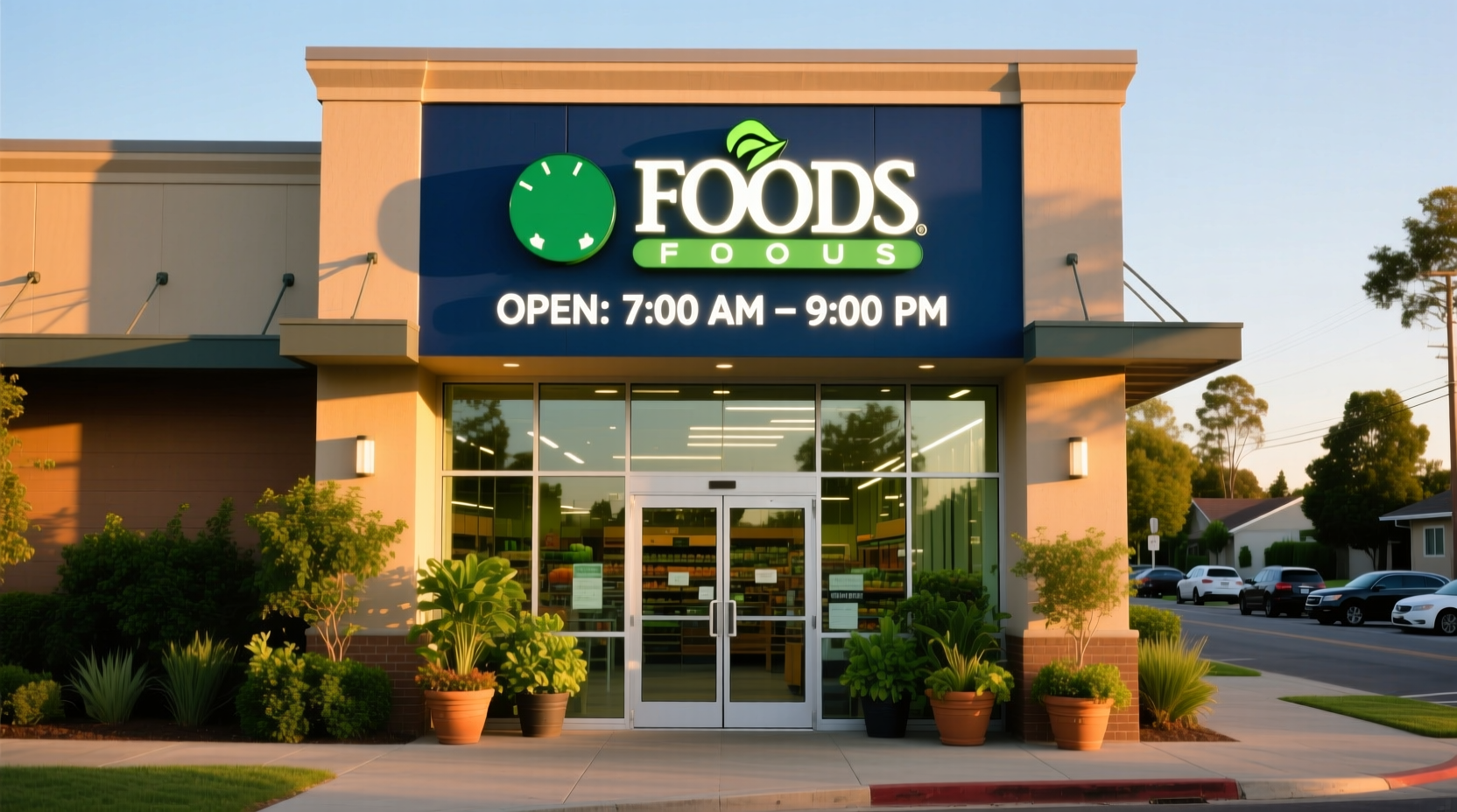 Whole Foods storefront with visible hours sign