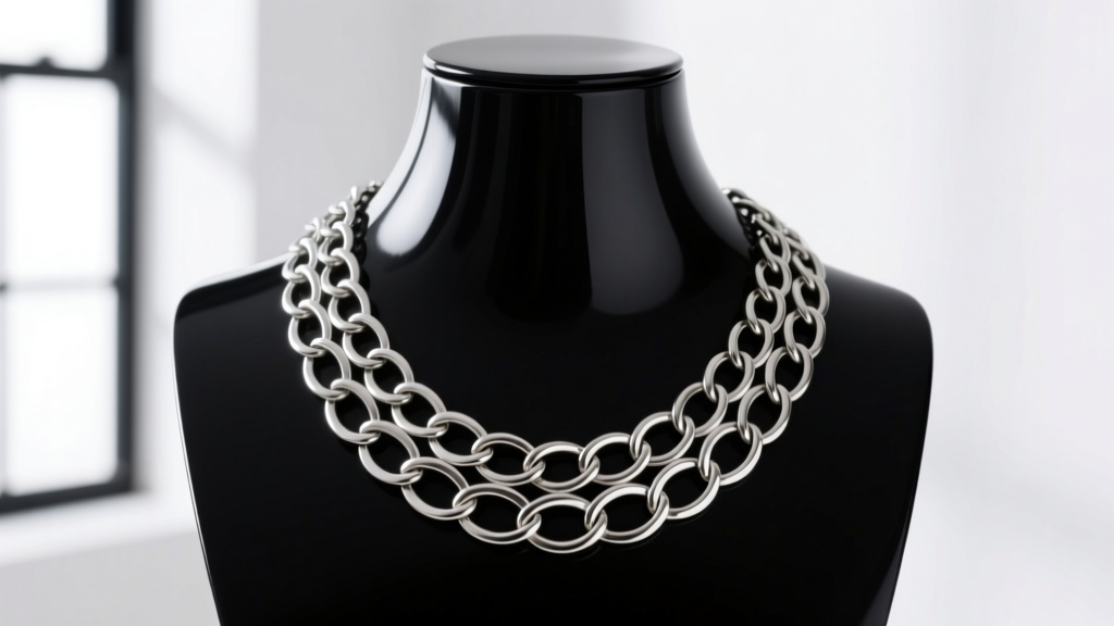 Silver Persian chainmaille necklace weave draped over a mannequin neck, highlighting the complex interlocking jump ring pattern.
