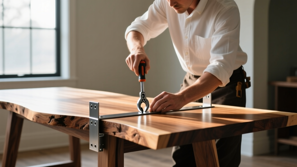 Carpenter securing steel brackets to a solid live-edge walnut dining table base with a torque wrench in a sunlit room.