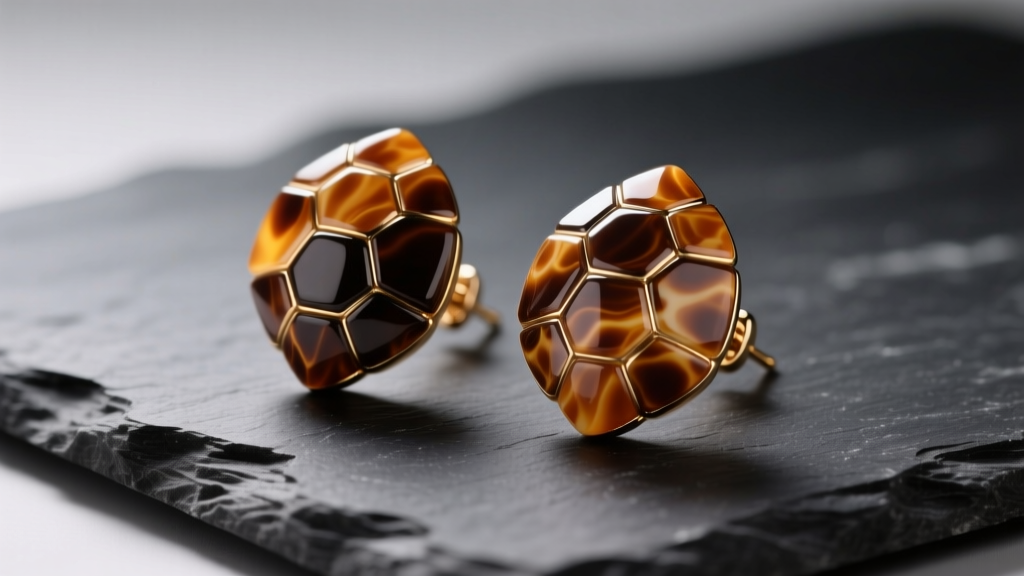 Close-up of chunky faux turtle shell nugget earrings on dark slate, showcasing rich amber and brown mottled patterns in soft light.