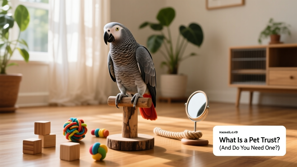 A vibrant African Grey parrot perched on a wooden stand with toys nearby