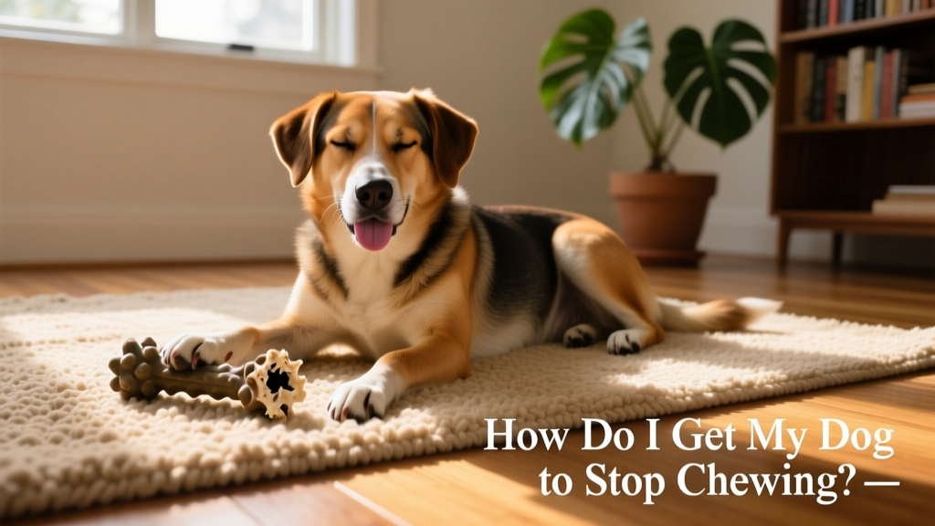 A relaxed dog lying on a rug with a well-chewed, approved chew toy nearby