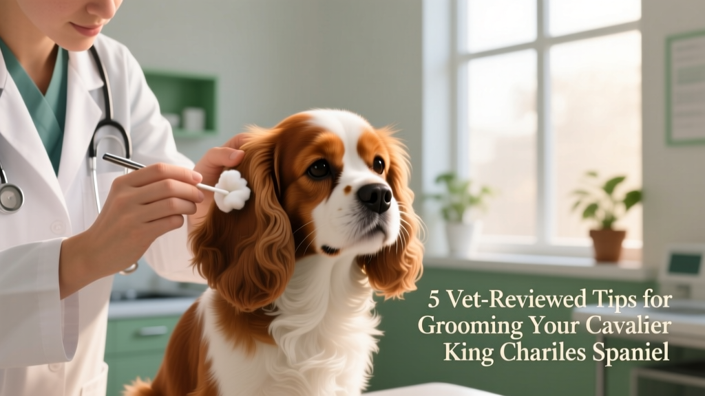 Veterinarian demonstrating gentle ear cleaning on a calm Cavalier King Charles Spaniel