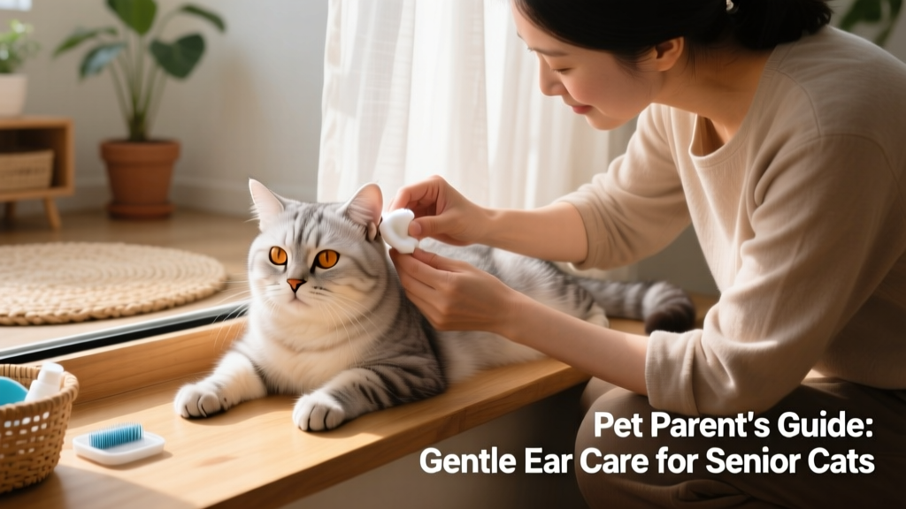 A senior cat receiving gentle ear cleaning from a caring owner using cotton balls and a vet-approved solution