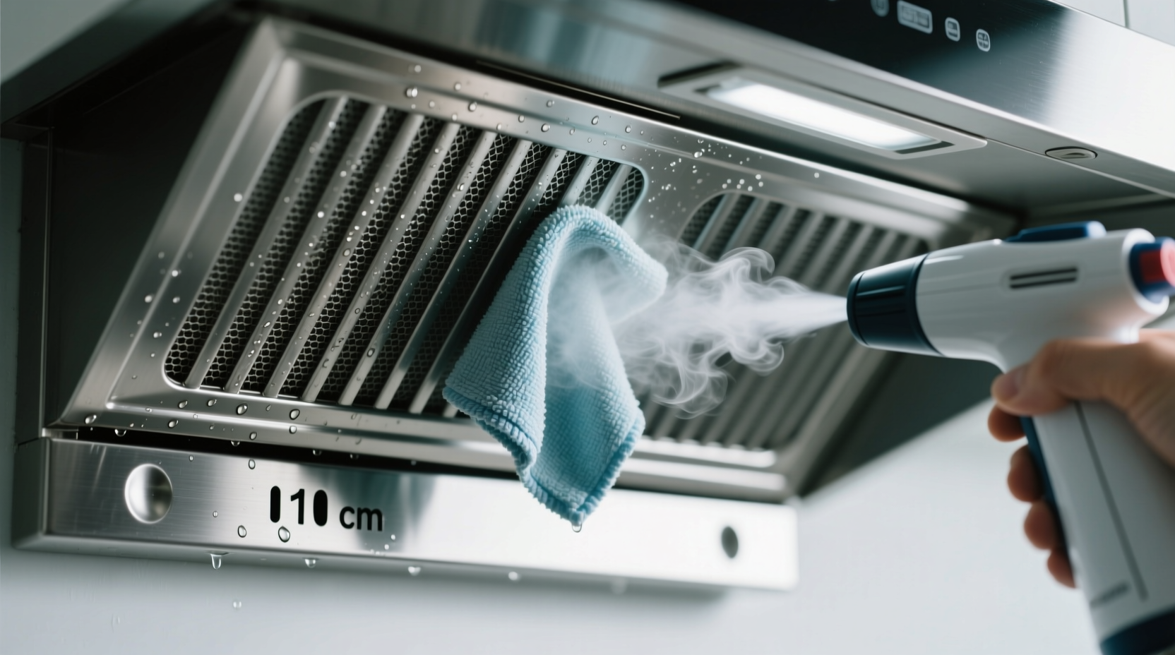 Close-up of a stainless steel range hood filter being gently wiped with a damp microfiber cloth while steam rises from a handheld steamer held at precise 10 cm distance—no disassembly visible, clean drip tray positioned beneath