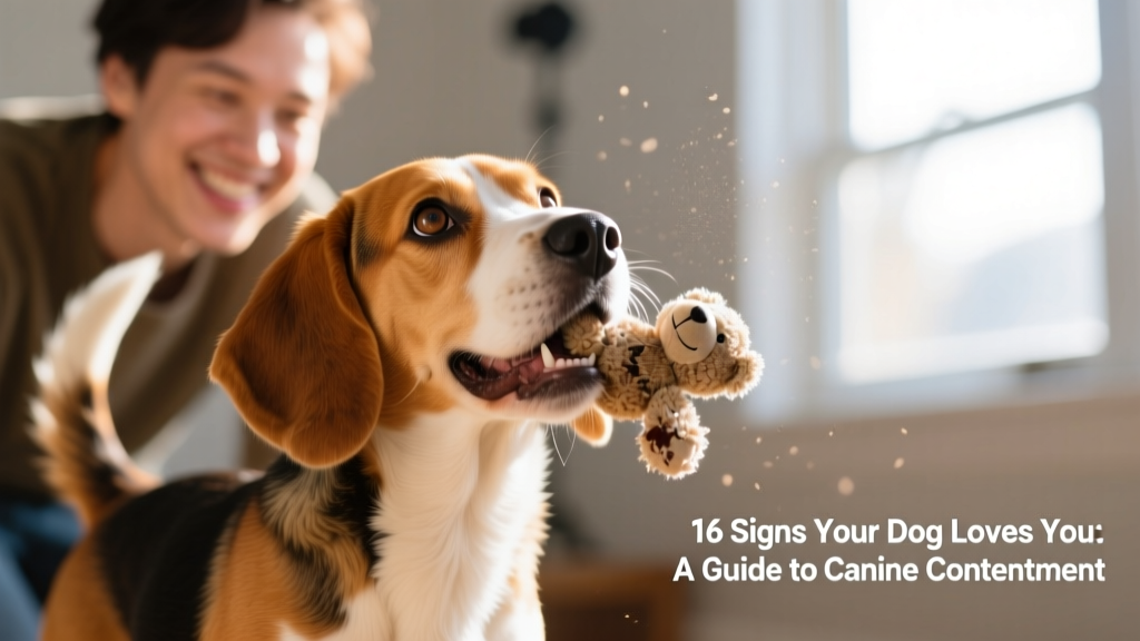 Beagle happily holding a toy in its mouth, looking up at its person with bright, engaged eyes