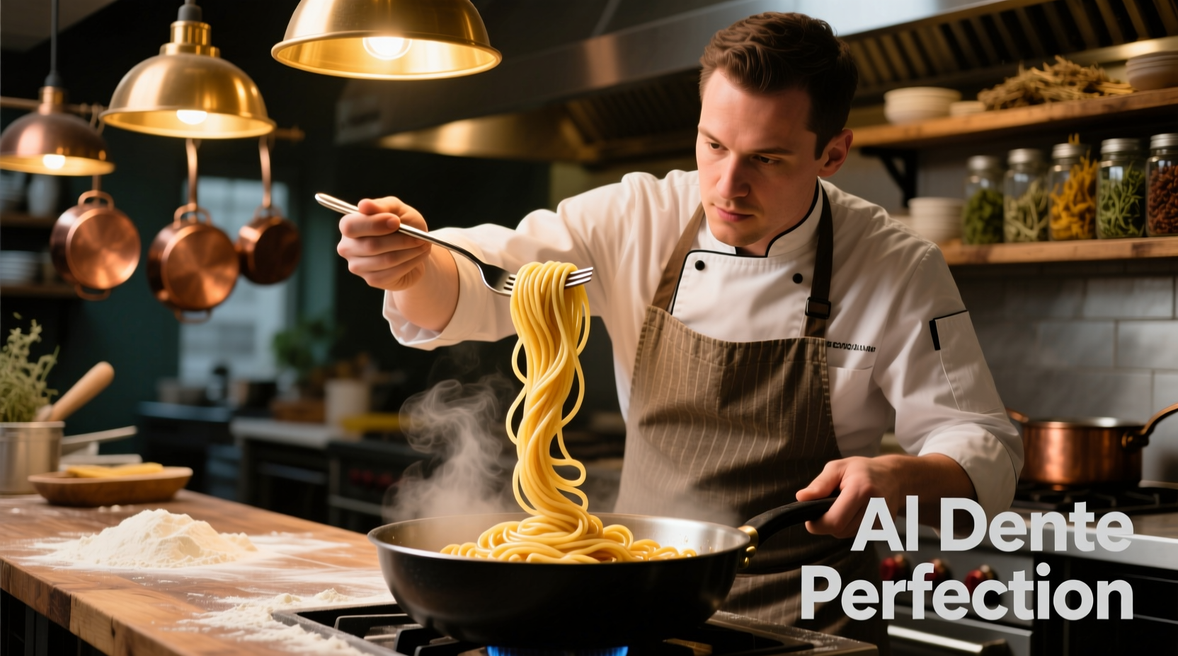 Chef testing spaghetti doneness with fork twist