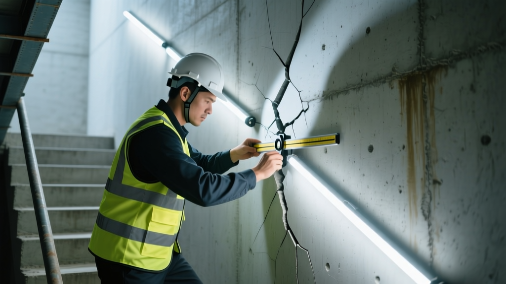 Structural engineer using a crack width gauge to measure a diagonal stair-step crack in a poured concrete basement wall under bright LED work lights