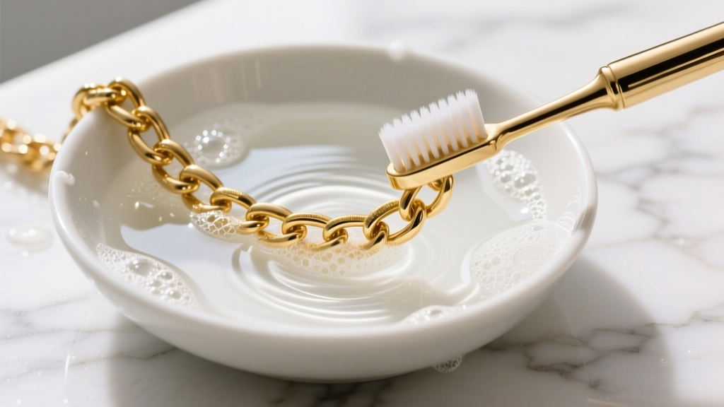 Close-up of a 14k gold chain being gently brushed with a soft toothbrush in a bowl of soapy water on a white marble countertop