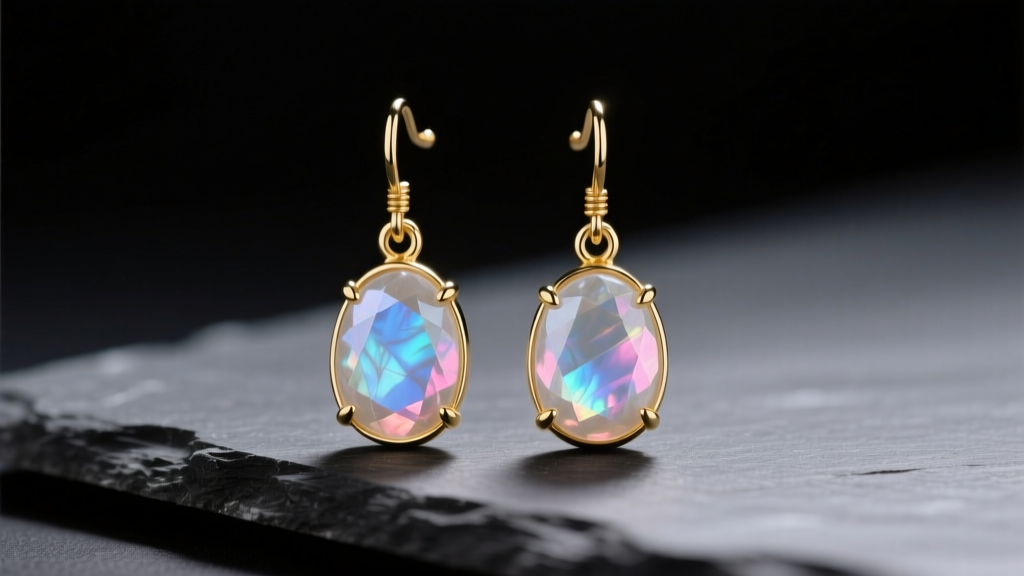 Close-up of lumia earrings with iridescent moonstone drops in 14k gold, resting on dark slate under soft lighting.