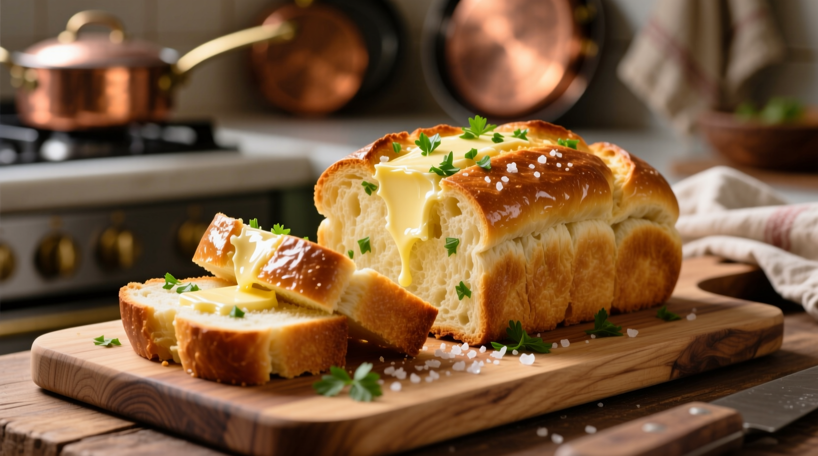 Golden garlic butter bread on wooden cutting board