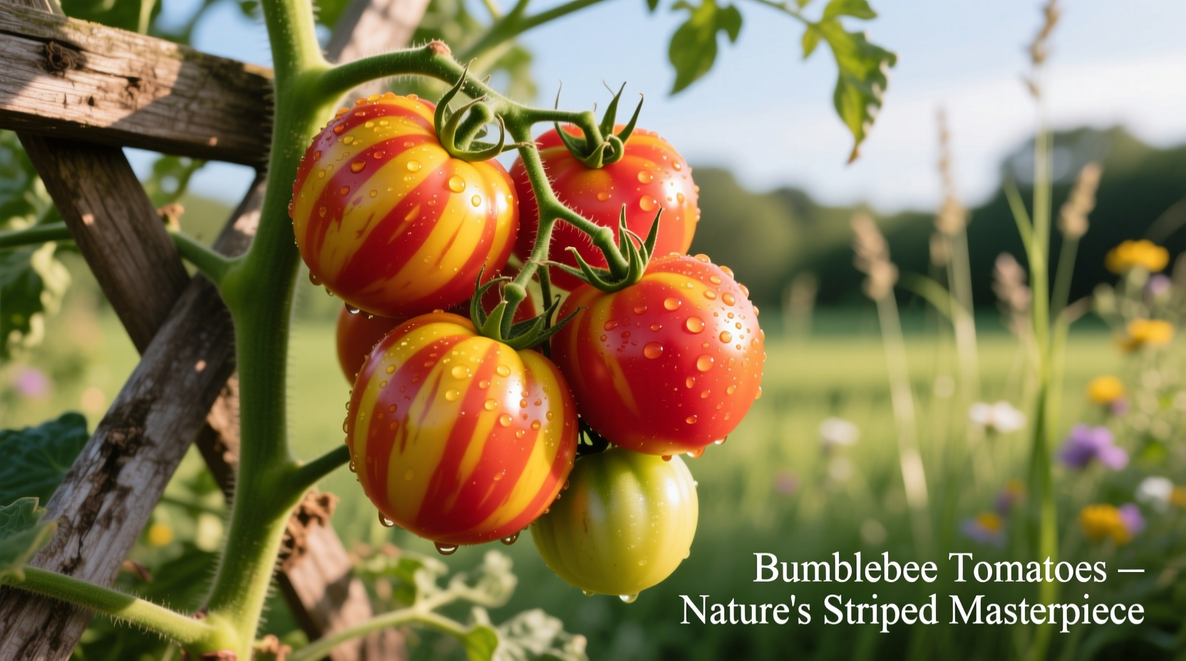 Ripe bumblebee tomatoes on vine with distinctive yellow and red stripes